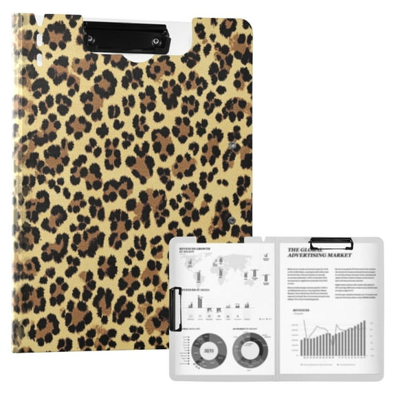 Wobogo Brown Leopard A4 Foldable Clipboard with Horizontal and Vertical Double Metal Clips 360 Degree Foldable Binder Clipboards with Pen Holder
