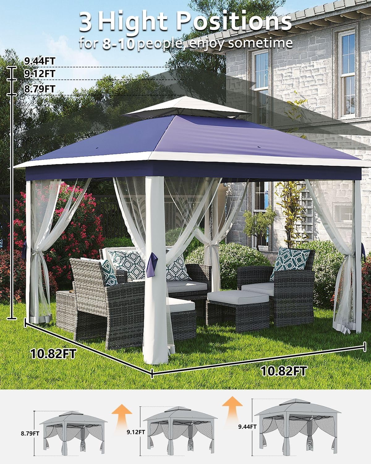 Accreate 11x11 ft Outdoor Gazebo with Mosquito Net - Heavy Duty Patio Shelter, Double Roof & Sturdy Metal Frame for Backyard, Garden, Deck and Lawn