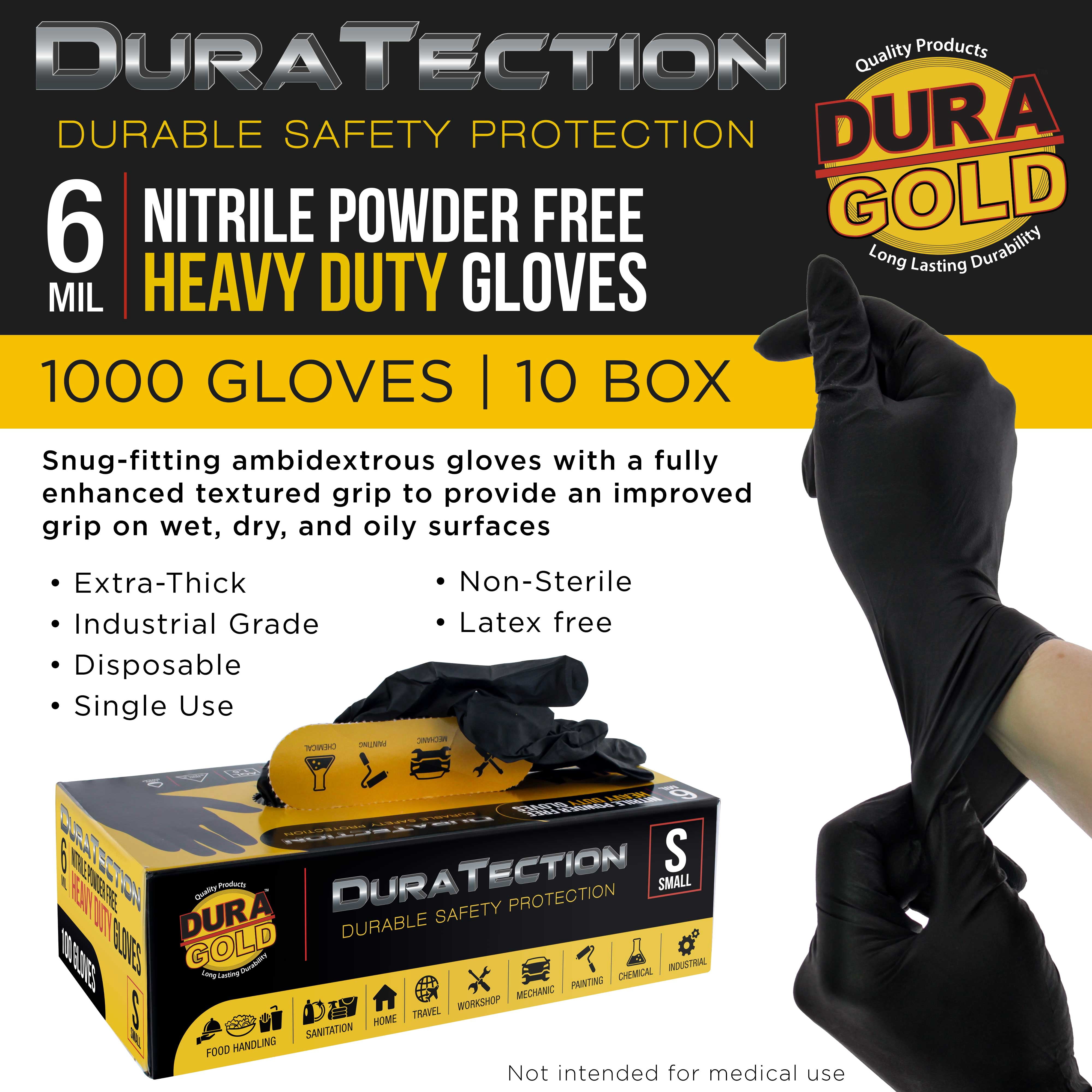 Dura-Gold HD Black Nitrile Disposable Gloves, 10 Boxes of 100, Size Small, 6 Mil - Latex Free, Powder Free, Textured Grip, Food Safe