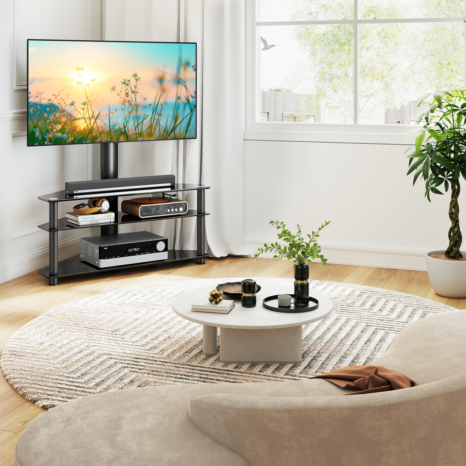 TAVR Furniture Corner TV Stand, TV Stand with Mount with 3 Tier Tempered Glass Shelves for 32-70 inch TVs, Max VESA 600X400mm, Television Stand