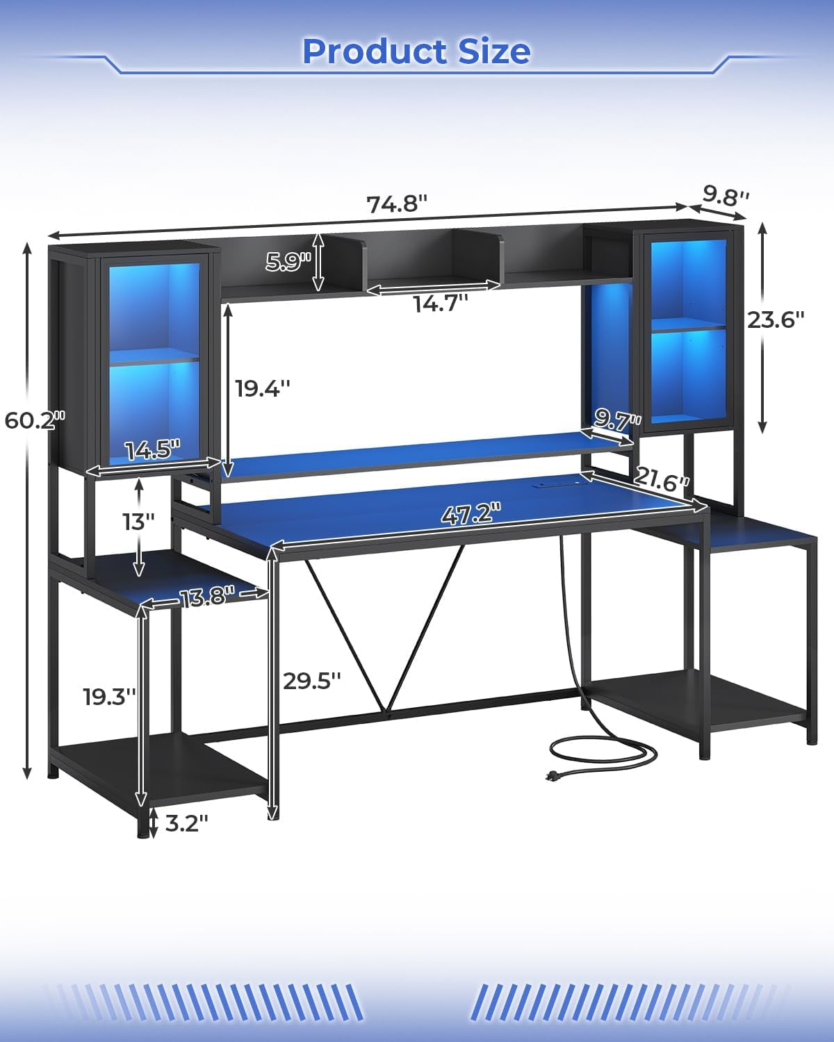 74.8" Gaming Desk with LED Lights, Hutch and Storage Shelves, Ergonomic Computer Desk with Monitor Stand, Large PC Gamer Desk Workstation for Bedroom, Living Room, Black