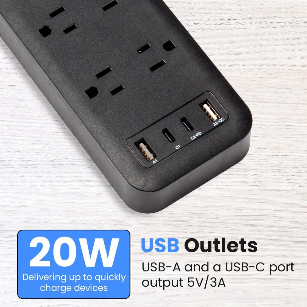 10-Outlet Surge Protector with 2 USB-C & 2 USB-A Ports, 2450 Joules, 6' Cord, LED Indicator – Power Strip for Home and Office Use by Watson(Black)