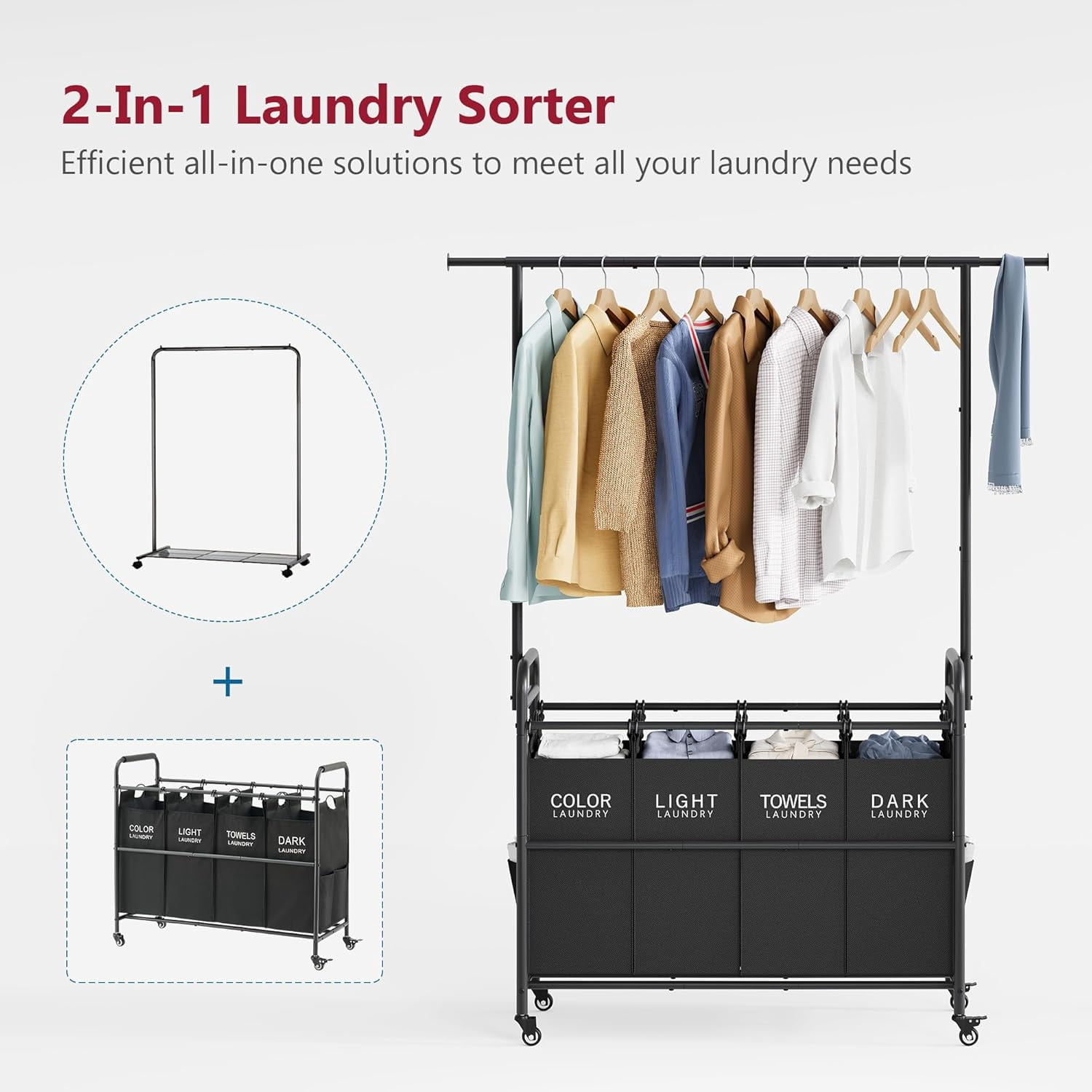 Laundry Sorter Cart with Hanging Clothes Rack, 4 Butler Sorter Basket Organizer, Laundry Hamper Cart with Heavy Duty Rolling Lockable Wheels