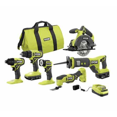 RYOBI ONE  18V Cordless 6-Tool Combo Kit with 1.5 Ah Battery, 4.0 Ah Battery, and Charger