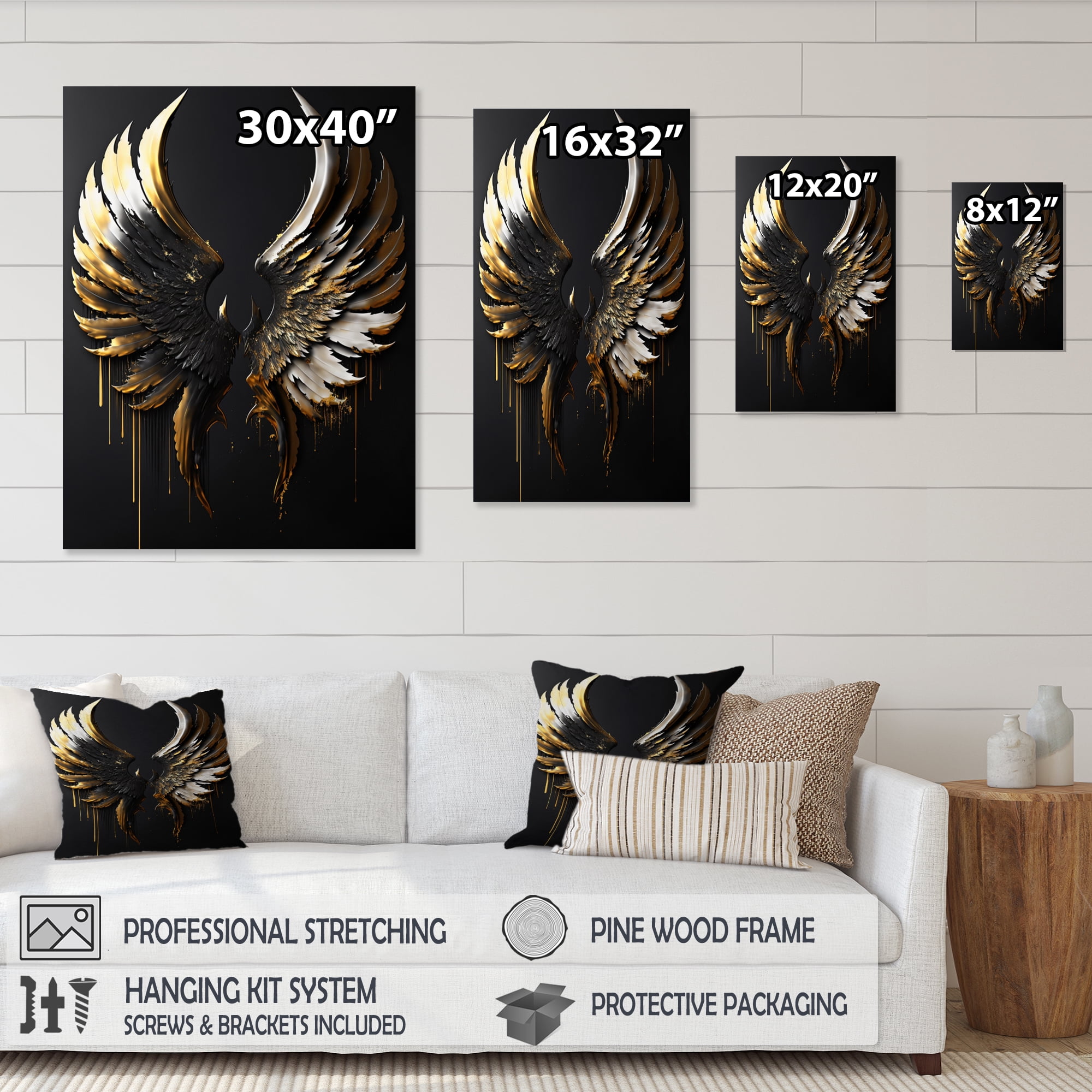Designart Black Silver And Gold Angel Wings II Canvas Wall Art