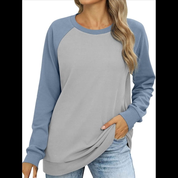 Sudadera Ligera de Larga con Cuello Redondo y Diseño Raglán con Bloques de Color para Mujer Gris Azul S