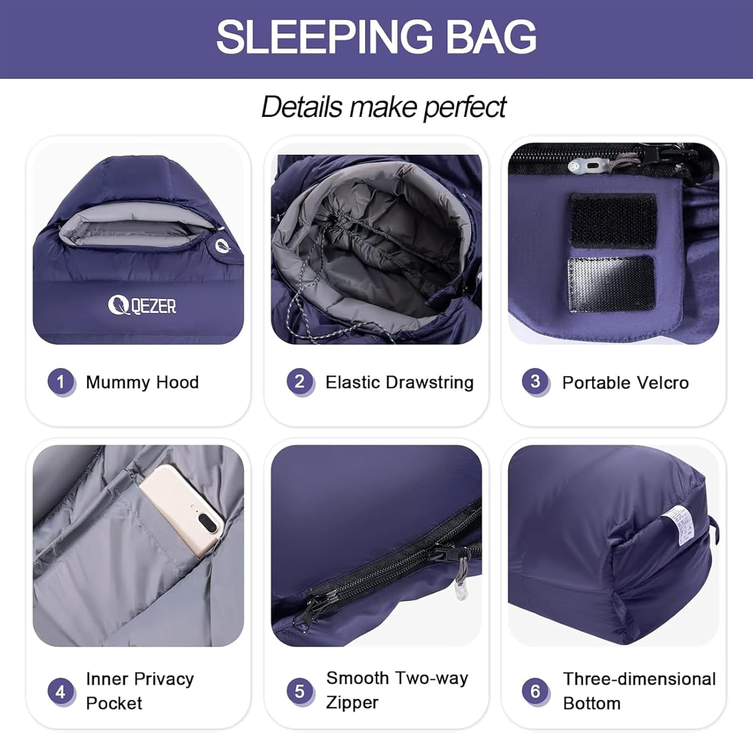 QEZER 4 Season Mummy Down Sleeping Bag Ultralight Warm for Camping, Hiking, Trekking