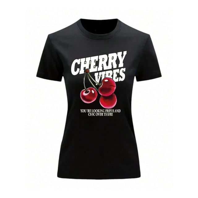Playera Blusa De Cerezas Cherry Vibes Ropa Para Mujer Color Negro Talla Chica Marca Emil SaEs