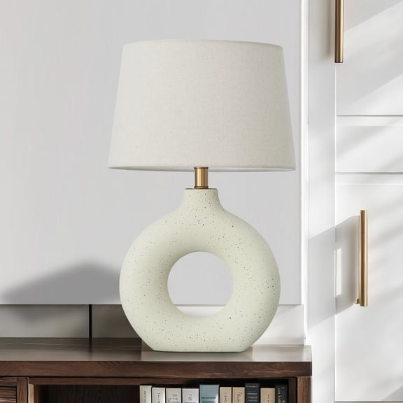 Deyidn 19-inch Modern Ceramic Table Lamp with Natural Rattan Shade for Bedroom Nightstand, Living Room & Office Desk