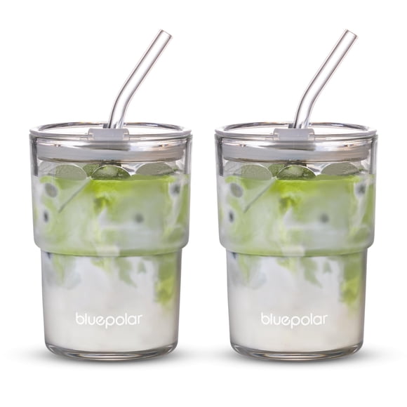 Vaso de agua de vidrio BLUEPOLAR de 400 ml con pajita y tapa, paquete de 2
