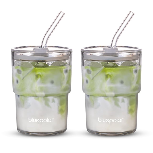 Vaso de agua de vidrio BLUEPOLAR de 400 ml con pajita y tapa, paquete de 2
