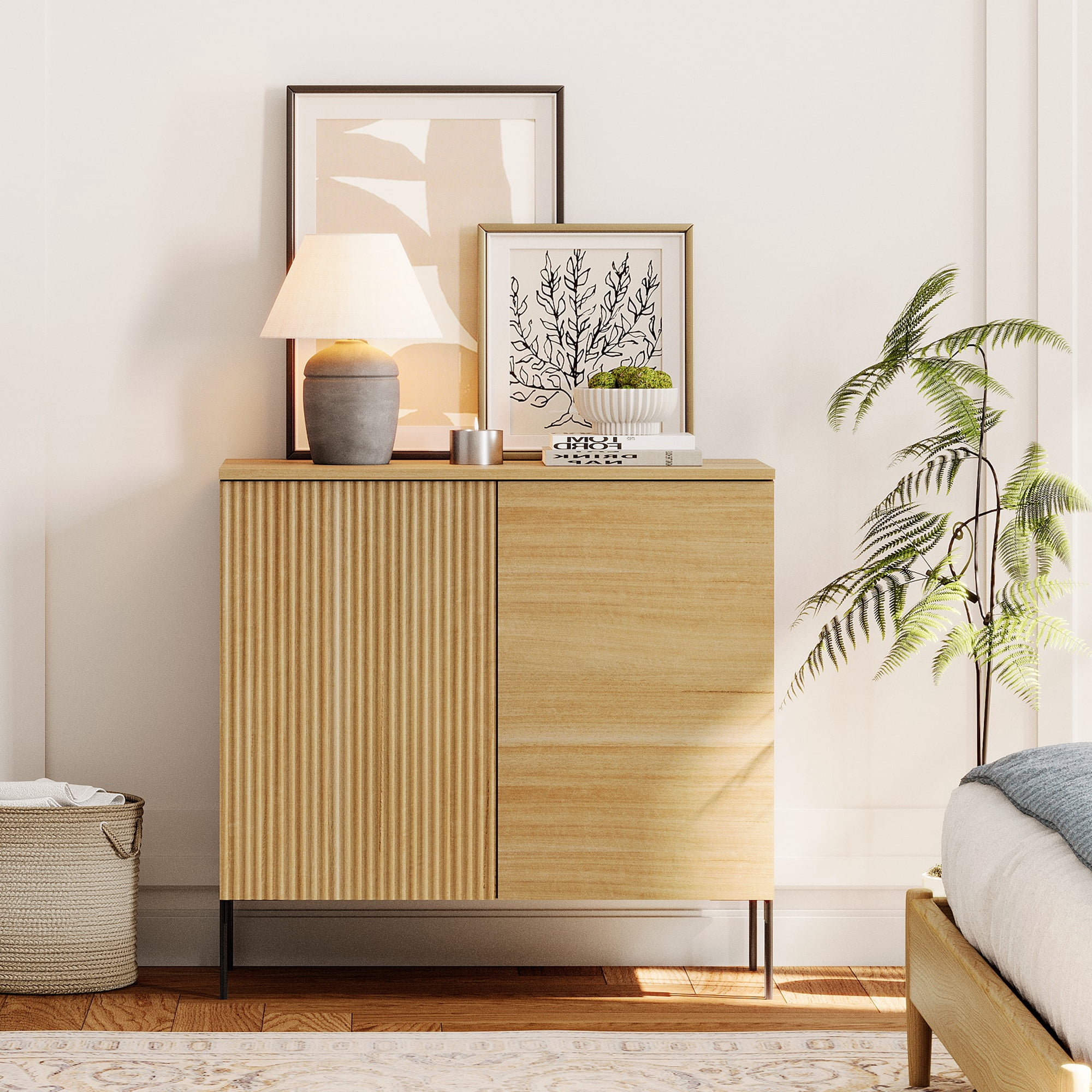 Modern Minimalist Wood Nightstand with Doors ,31.5" Large End Table,Reeded Design Bedside Table for Bedroom, Living Room,Entryway