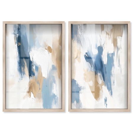 Azure Serenity Shadowbox Print Blue Abstract Wall Art Set by Art Remedy, Blonde Frame, 36 x 54