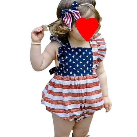 

Cathery Newborn Infant Baby Girl 4th of July Outfit Ruffle Romper Star Stripes Bodysuit Jumpsuit Independence Day with Hairband