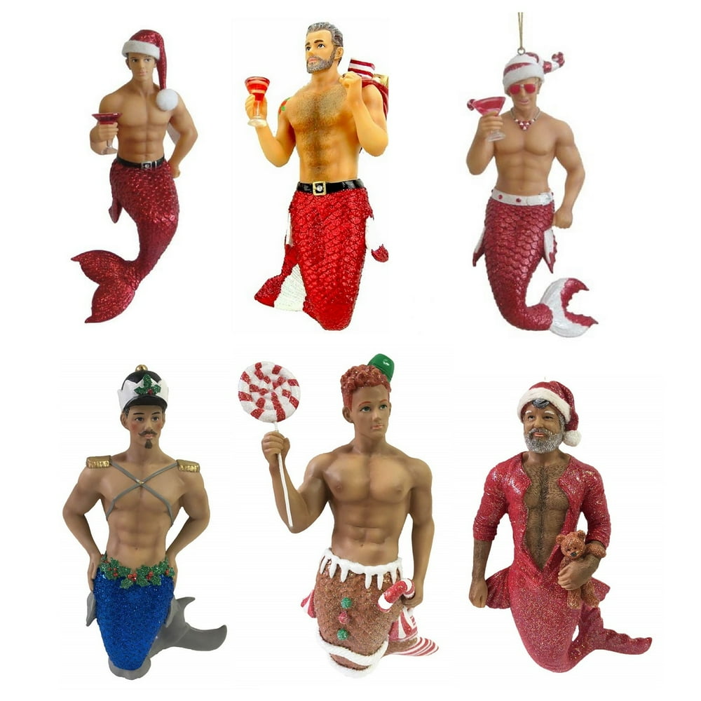 December Diamonds Christmas Merman Tree Ornaments Set of 6 Santa Mermen