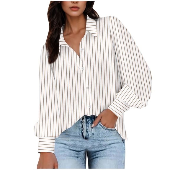 Guieoi Womens Shirts under $5 Womens Lapel Neck Casual Blouse Lantern Long Sleeves Solid Color Button Shirt Tops Beige