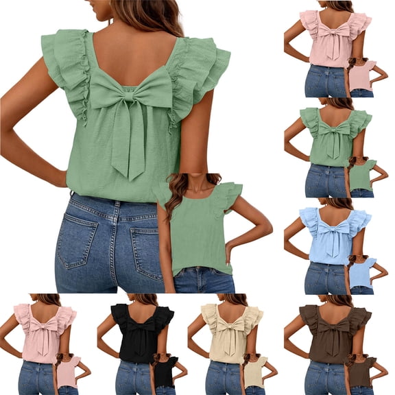 Favoffer Women Sleeveless Tops Round Neck Back Bow Ruffle Solid Loose Trendy Blouses Summer Tank Top Party Dating Banquet Leisure