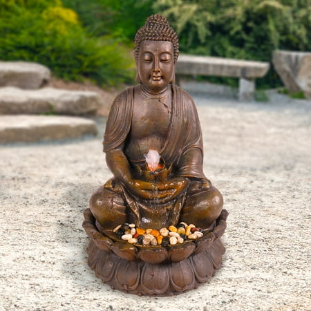 Alpine Corporation 33 inch LED lit Resin Buddha Sculptural Fountain Light Brown