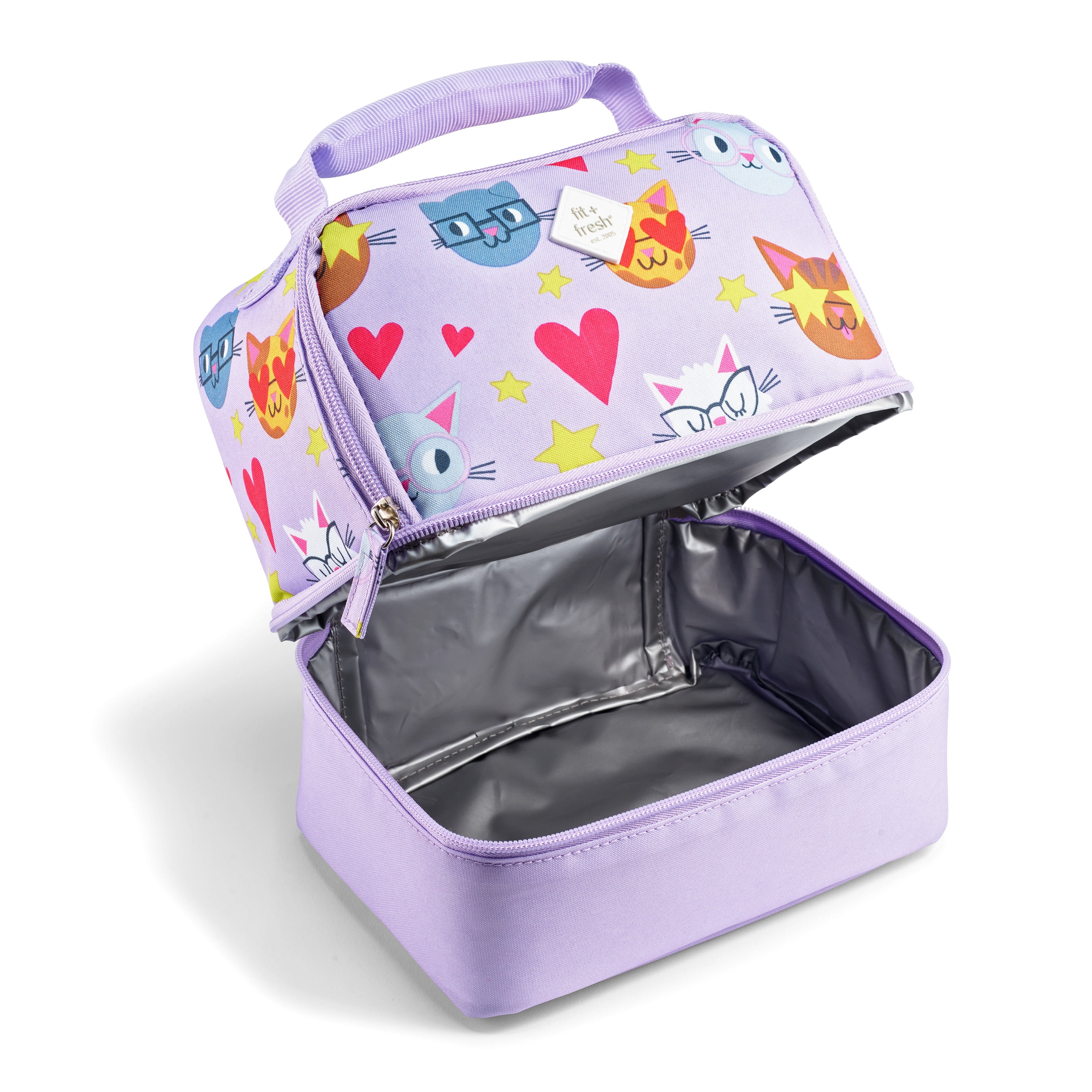 Fit & Fresh x Eda French Insulated Dual Compartment Lunch Bag Purple Cats Soft Sided Reusable Lunch Bag
