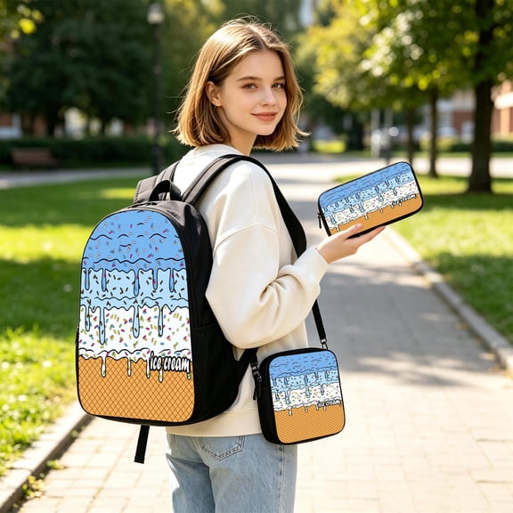 Womens Ice Cream Series 3 Piece Backpack Set Cute College School Bookbag Back to School Backpack for Women