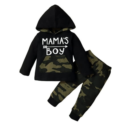 

KIMI BEAR Infant Boys Outfits 12 Months Infant Boy Autumn Winter Outfits 18 Months Infant Boy Cozy MAMA’S BOY Letter Print Pocket Long Sleeves Hoodie + Camouflage Pants 2PCs Set Black