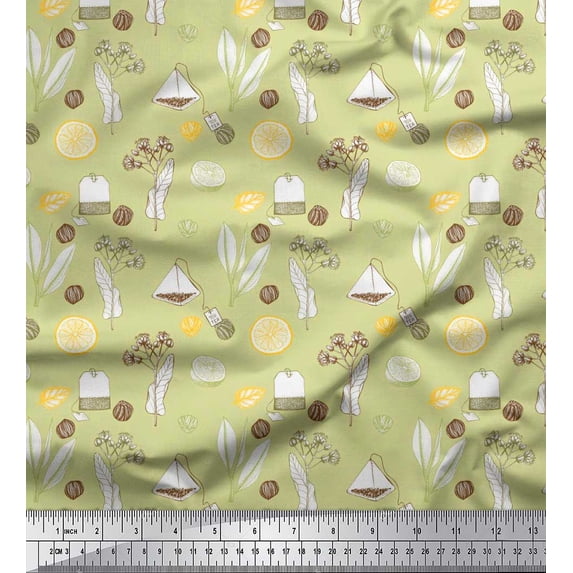 Soimoi Beige Poly Georgette Fabric Tea Bag,Herbs & Lemon Slice Vegetable Print Fabric by the Yard 42 Inch Wide
