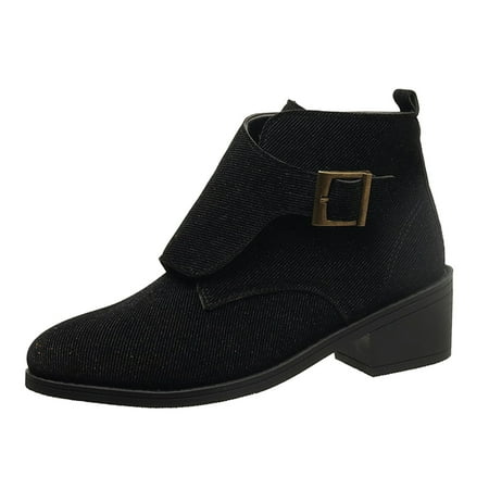 

Jungdeepe Ladies Fashion British Canvas Belt Buckle Pointed Thick Heel Short Ankle Boots Cute Booties for Women Fall Boots Womens Flat Boots Tan Taupe Boots for Women Low Heel Boots for Women with
