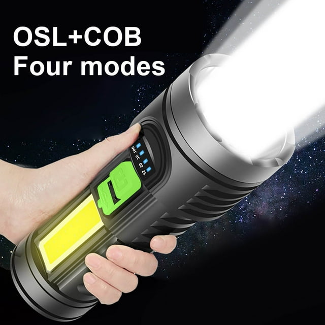 Linterna LED recargable por USB con luz lateral COB | Linterna XHP50 de 600 lúmenes para camping y actividades al aire libre | Batería 18650, 10 horas de autonomía, 4 modos, resistente al agua