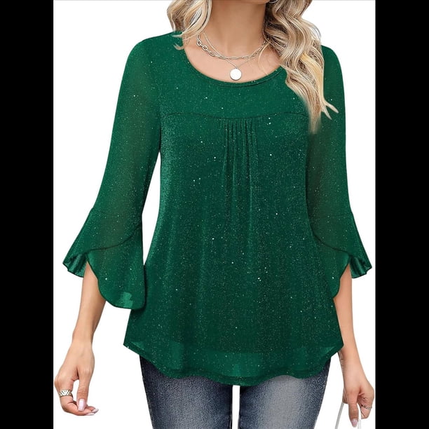 Blusa Elegante con Volantes para Mujer, 3/4, Cuello Redondo, Doble Capa, , Túnica. Verde Oscuro XXL