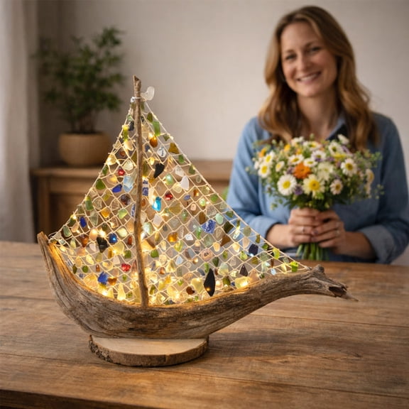 The Sea Glass Driftwood Sailboat - Handcrafted Nautical Decor with Sun-Kissed Mosaic Glass Sails, Reclaimed Driftwood Hull, Handwoven Netting, Unique Coastal Art for Home