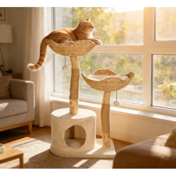 YIYADO Made Cat Tree, 37.4 Inch Cat Furniture with Scratching Post, Modern Cat Tower with Cubby, Toy, Cat Condo, Rustic Brown