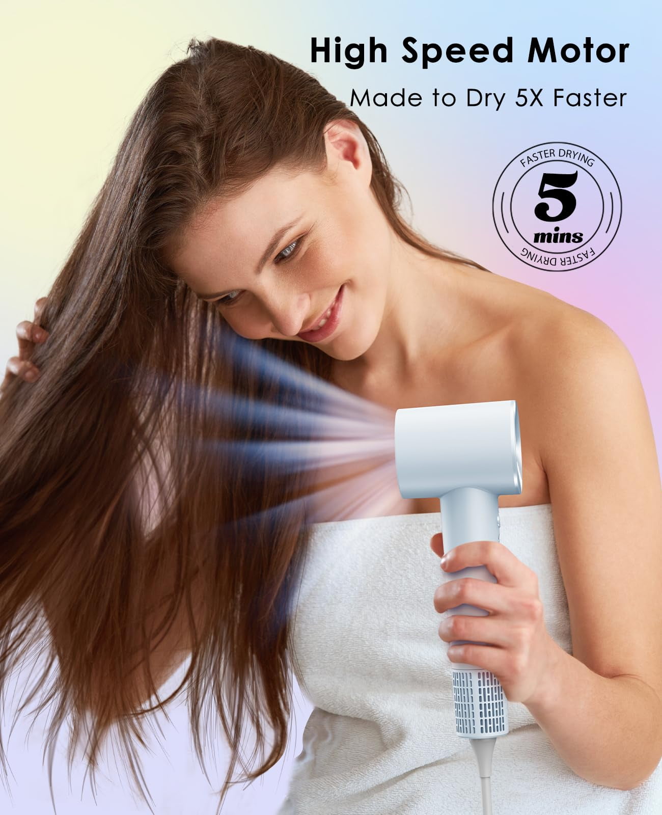 Negative Ionic Hair Dryer with 110,000 RPM Motor - High-Speed Lightweight Blow Dryer for Travel & Home Use, Fast Drying Low Noise Hair Drier with Smooth Nozzle, Blue