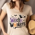 thumbnail image 2 of Witchy Whiskers Halloween Cat T-Shirt for Adults, Cute Flying Broom Kitty Tee, Heliconia, Size M, 2 of 6