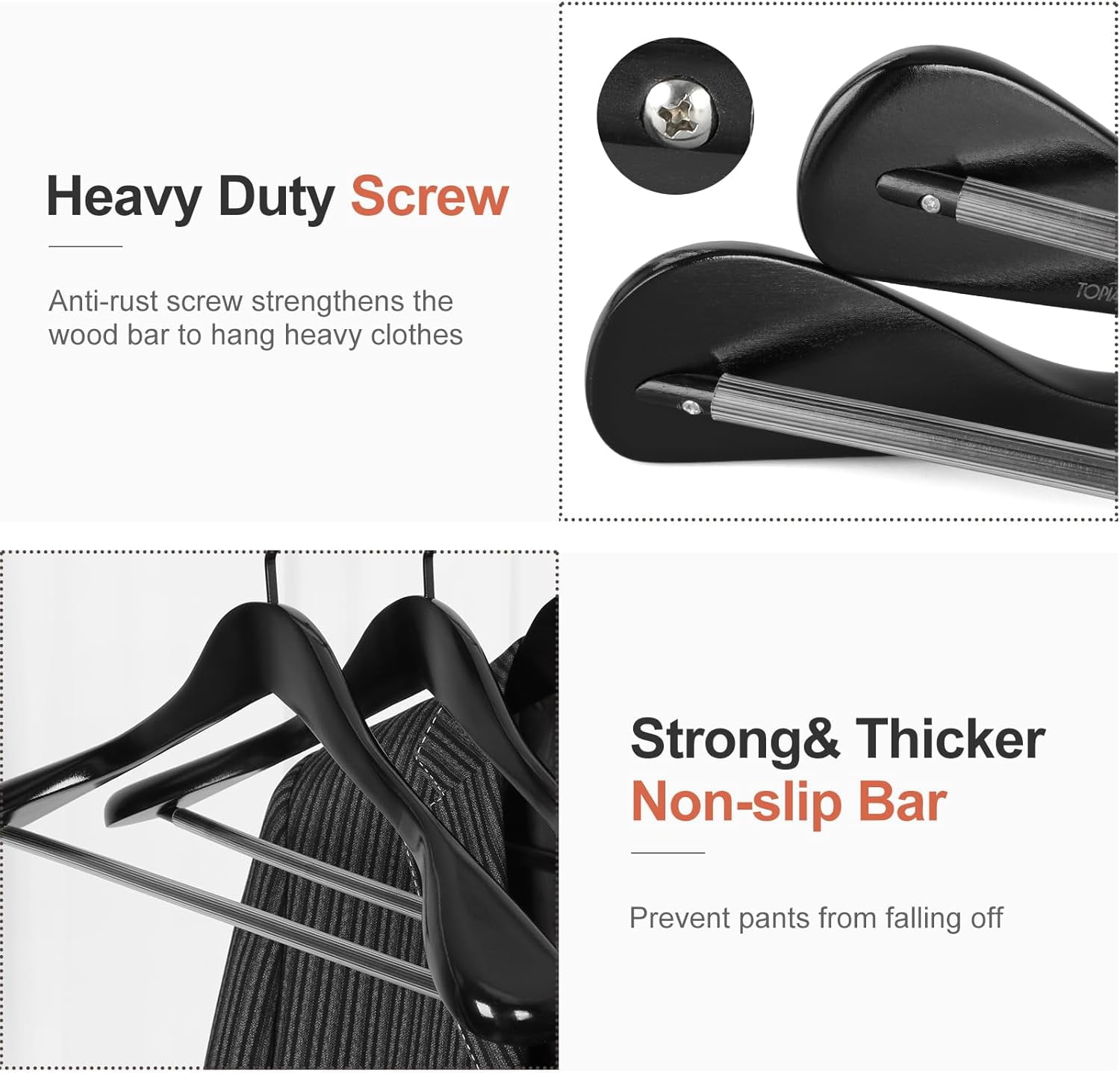 Black Wooden Coat Hanger 6 Pack, Wide Shoulder Wood Suit Hangers with Extra-Thick Flat Hooks & Anti-Slip Pants Bar, Heavy Duty Clothes Hangers,Glossy Finish, Black-CT02H