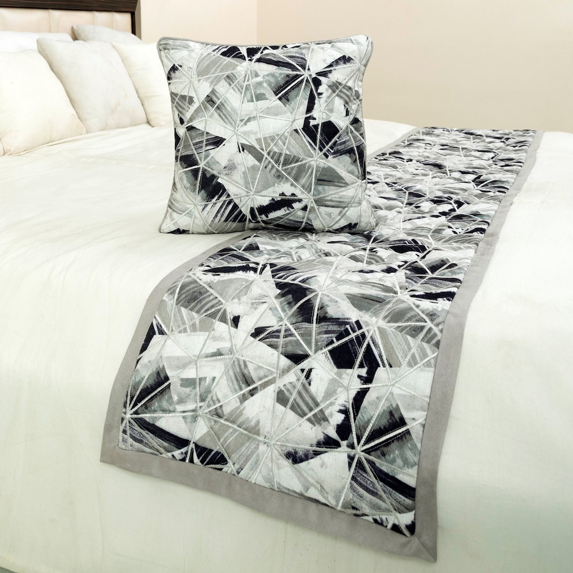 King / Queen / Twin Grey Decorative Queen 74"x18" Bed Runner WITH Pillow Cover, Print & Embroidery Bed Scarf on Cotton fabric - Grey Angular