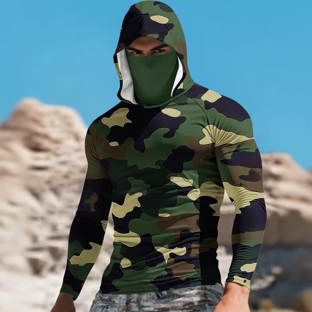 Ceisia Camouflage Print Hooded Top Men's Slim Fit Long Sleeve UV Protective Face Mask Shirt Green L Gifts