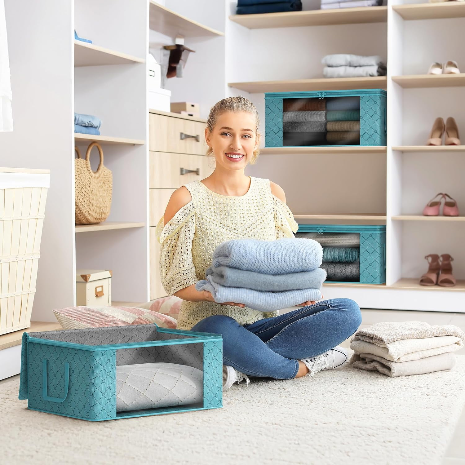 Sorbus Medium Clothes Storage Bag, Foldable with Clear Window, Lids, and Handles, for Bedroom, Closet Organization