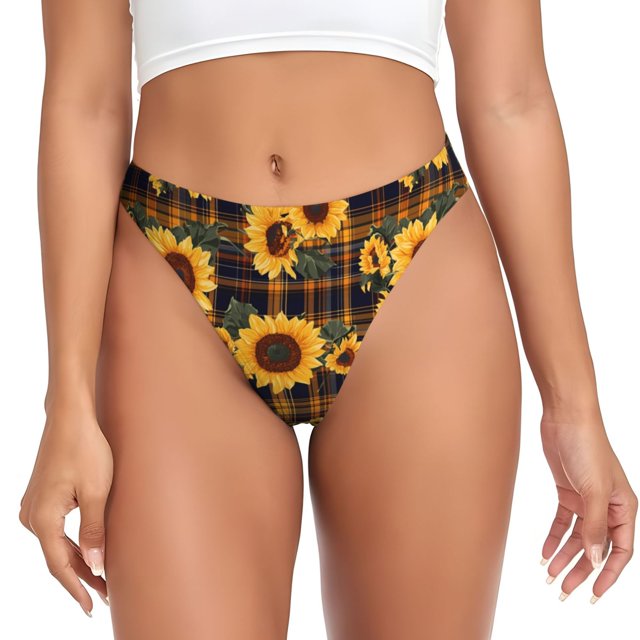 Balery Brown Blue Plaid Sunflower Tangas de Algodón para Mujer con Estampado – Ropa Interior Sexy, Transpirable, G-string-Small