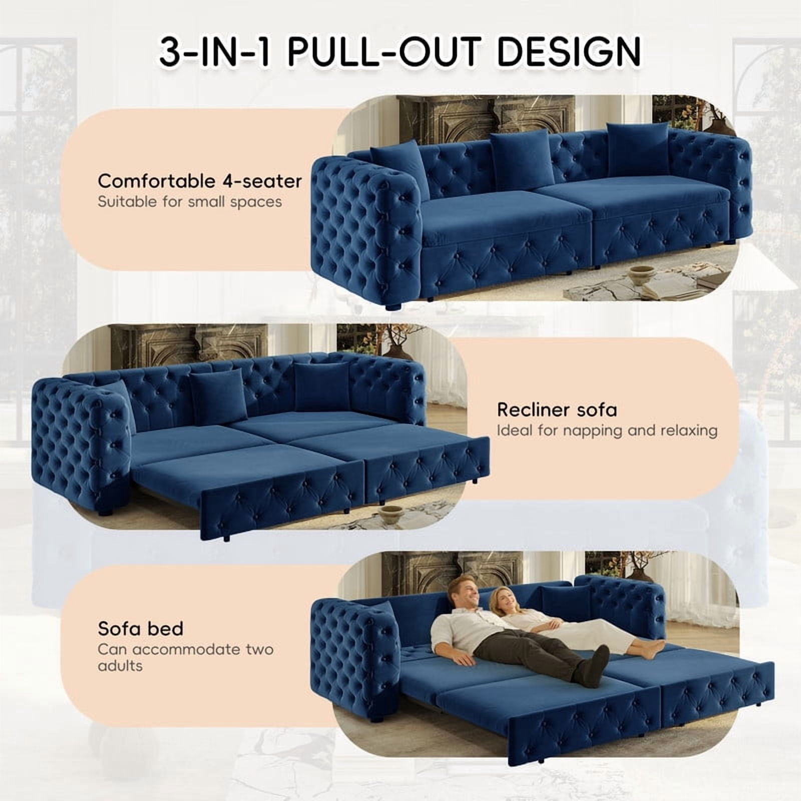 89"W Large 3-in-1 Pull Out Classic Chesterfield Tufted Sofa Bed, 4-Seater Velvet Padded Sleeper Sofa Couch with 3 Throw Pillows