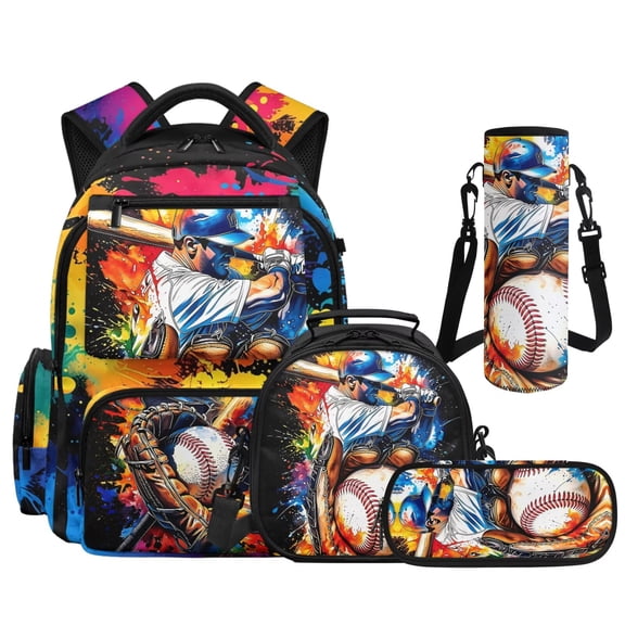 Yspwyqan Baseball Batter Splash 4Pcs Backpack Set with Lunch Box Pencil Case Water Bottle, 17 Inch Multi-Pocket Lightweight Boys Backpack Set for Elementary Middle School