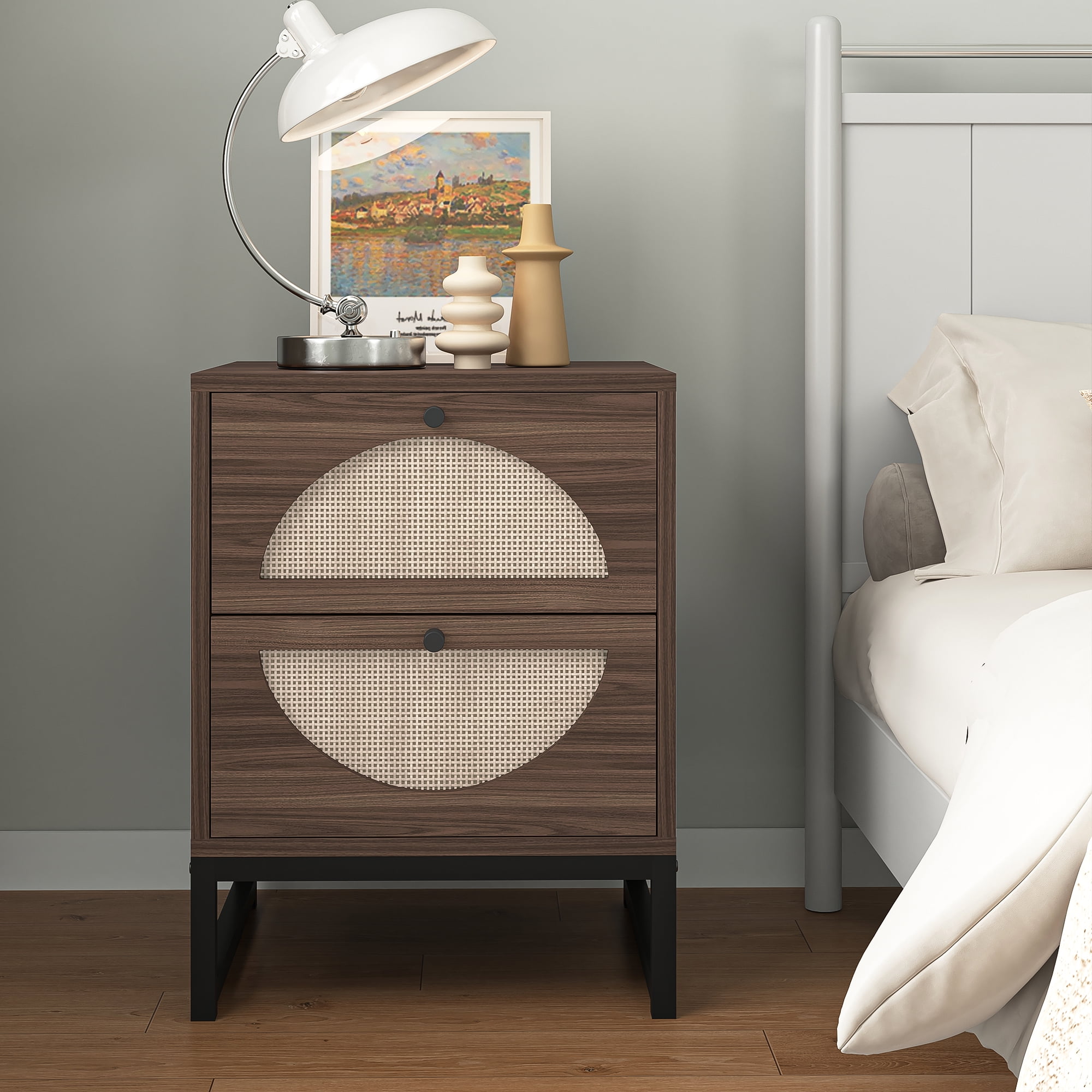 YYAo 2Pcs Nightstand, Bedside Table with 2 Natural Rattan Drawer & Metal Legs, Nightstand Side Table for Bedroom, Walnut YYAo 2Pcs Nightstand, Bedside Table with 2 Natural Rattan Drawer & Metal Legs, Nightstand Side Table for Bedroom, Walnut
