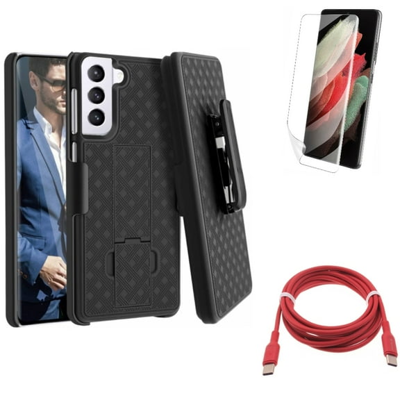 Case Belt Clip w Matte Screen Protector w Red 6ft Long Cable for Samsung Galaxy S21 Plus - Holster Swivel, TPU Film Anti-Glare, USB-C to Type-C PD Fast Charger Accessory Bundle