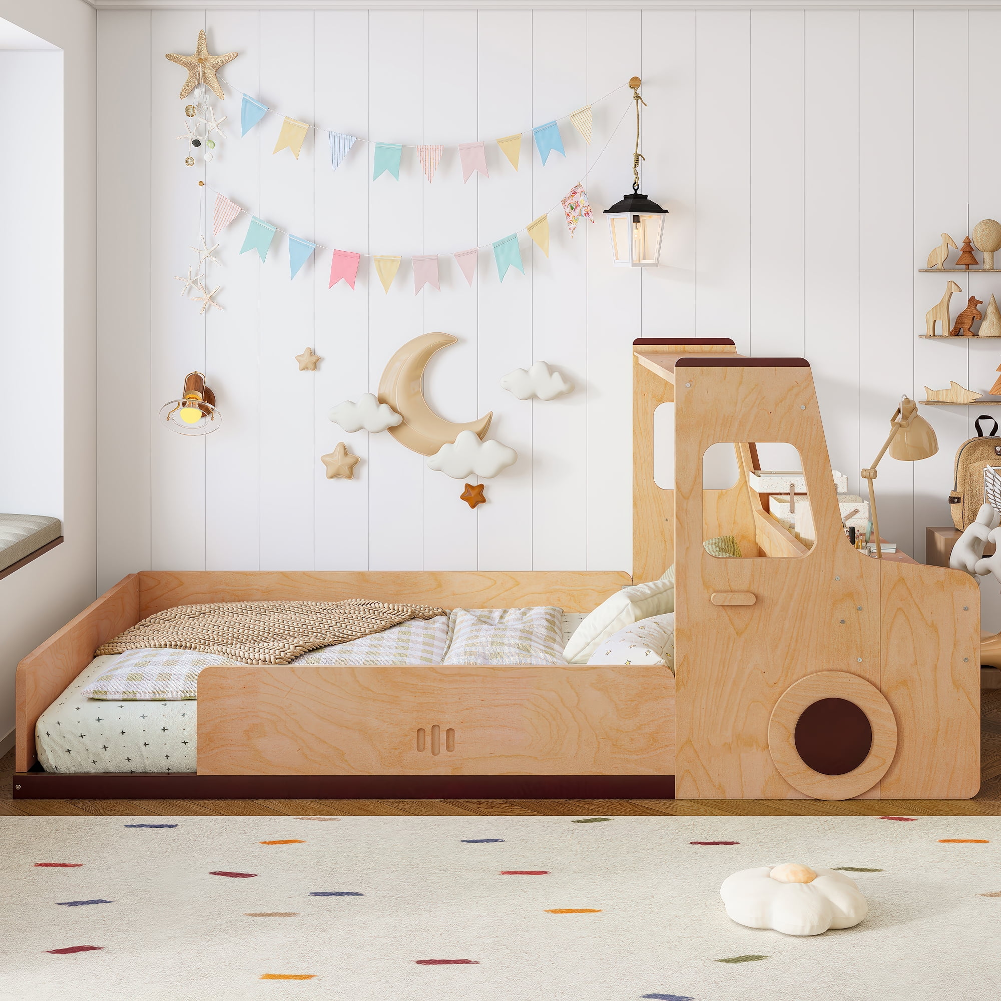Bellemave Full Car-Shape Floor Bed, Wood Floor Beds Frame with Storage Drawers, Window & Desk, Creative Design for Small Space, Natural