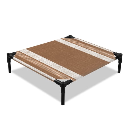 Brown Stripes Elevated Dog Bed Minimalist Khaki Striped Linen Texture Modern Cooling Breathable Outdoor Raised Dog Cot Bed with Metal Frame Non-Slip Feet for Small Dog 20x20in