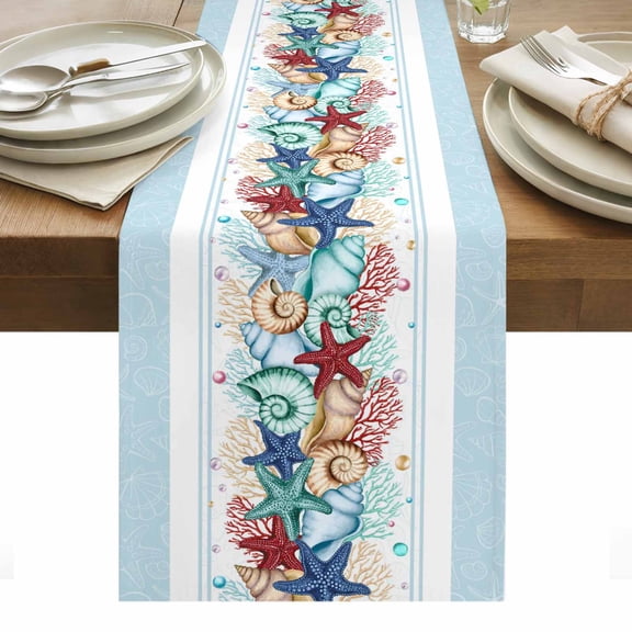 Sky Blue Ocean Starfish Table Runner - 70 Inch Long, Kitchen Dining Table Runner Dresser Scarves, Summer Coastal Coral Conch Farmhouse Decor for Coffee Tables Wedding Party Banquet