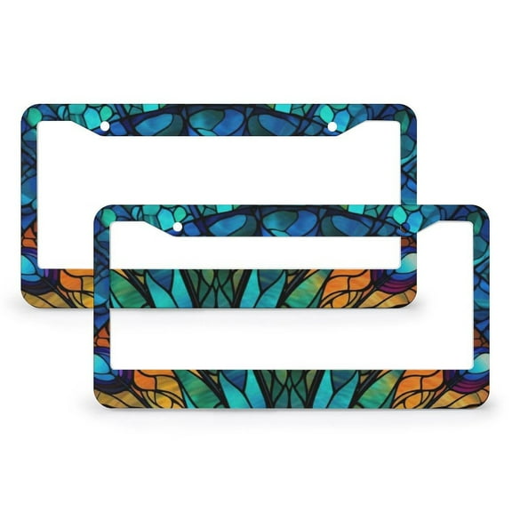 Peacock Feathers Stained Glass Effect Colorful License Plate Frame - 2 Pack License Plate Frames Holder Covers, Car Decorative Tag Frames License Plate Holder 2 Holes 12X6 Inch