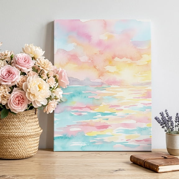 Canvas Wall Art Sunset Horizon Canvas Art Print Coastal Minimalist Watercolor Pink Blue Yellow Sea Pictures Wall Decor for Living Room Bedroom Artwork Stretched Framed Ready to Hang 20"x30"