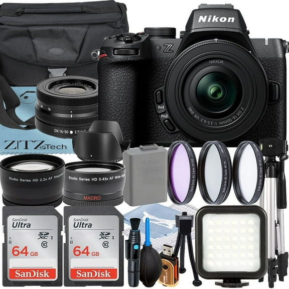 Nikon Z50 II Mirrorless Camera with NIKKOR Z DX 16-50mm VR Lens   2 Pack 64GB SanDisk Memory Card   Case     Tripod   Filter Kit   ZeeTech Accessory Bundle