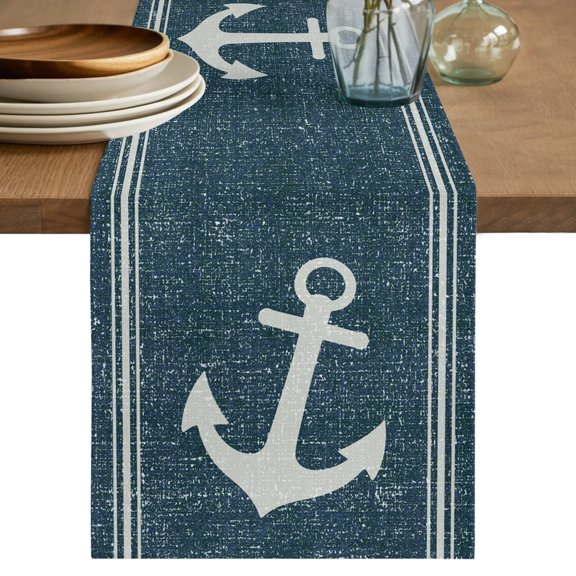 Table Runners 72 Inches Long Dress Scarves, Anchor Nautical Farmhouse Kitchen/Dining Table Decor Table Runner, Coffee Tablerunners, Vintage Coastal Striped Teal Blue 13x72 Inch