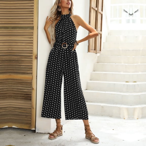 Haivin Women's High-Waist Polka Dot Jumpsuit, Comfortable Wide Leg Ankle-Length, Fashionable for Casual Daily Wear